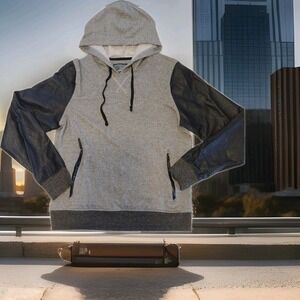 Brooklyne Cloth Gray W/ Black Faux Leather Sleeves Pullover‎ Hoodie Sz M